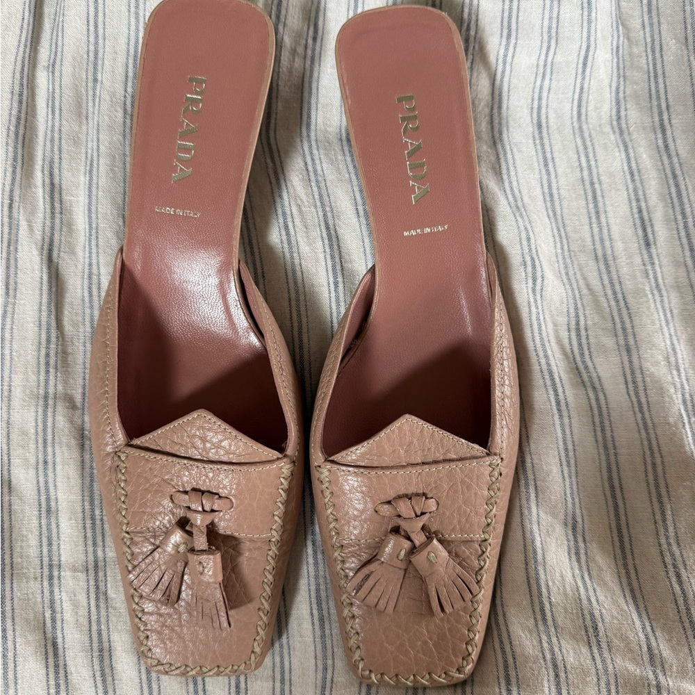 Prada Tan Kitten mules